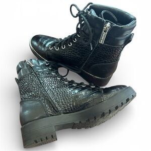 Gianni Bini Black Crocodile-Embossed Leather LaceUp Combat Boots